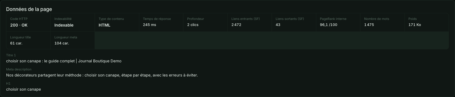 Fiche URL : code, indexabilité, PageRank interne, title, meta et H1 de la page